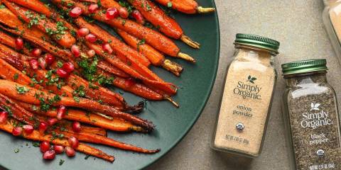 glazed carrots and bottles of spices