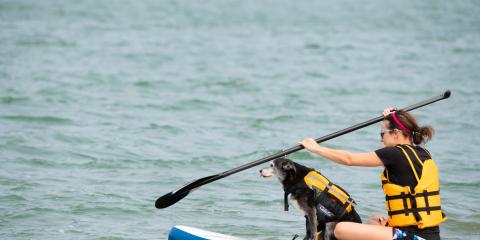 A woman with a yellow life vest is seated and paddling a paddleboat while an older black dog with a white muzzle, wearing a matching yellow safety vest, sits in front of her.