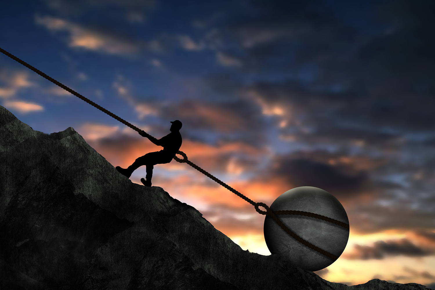 a man who stopped pushing a boulder up a mountain, and used it as an anchor for his rope