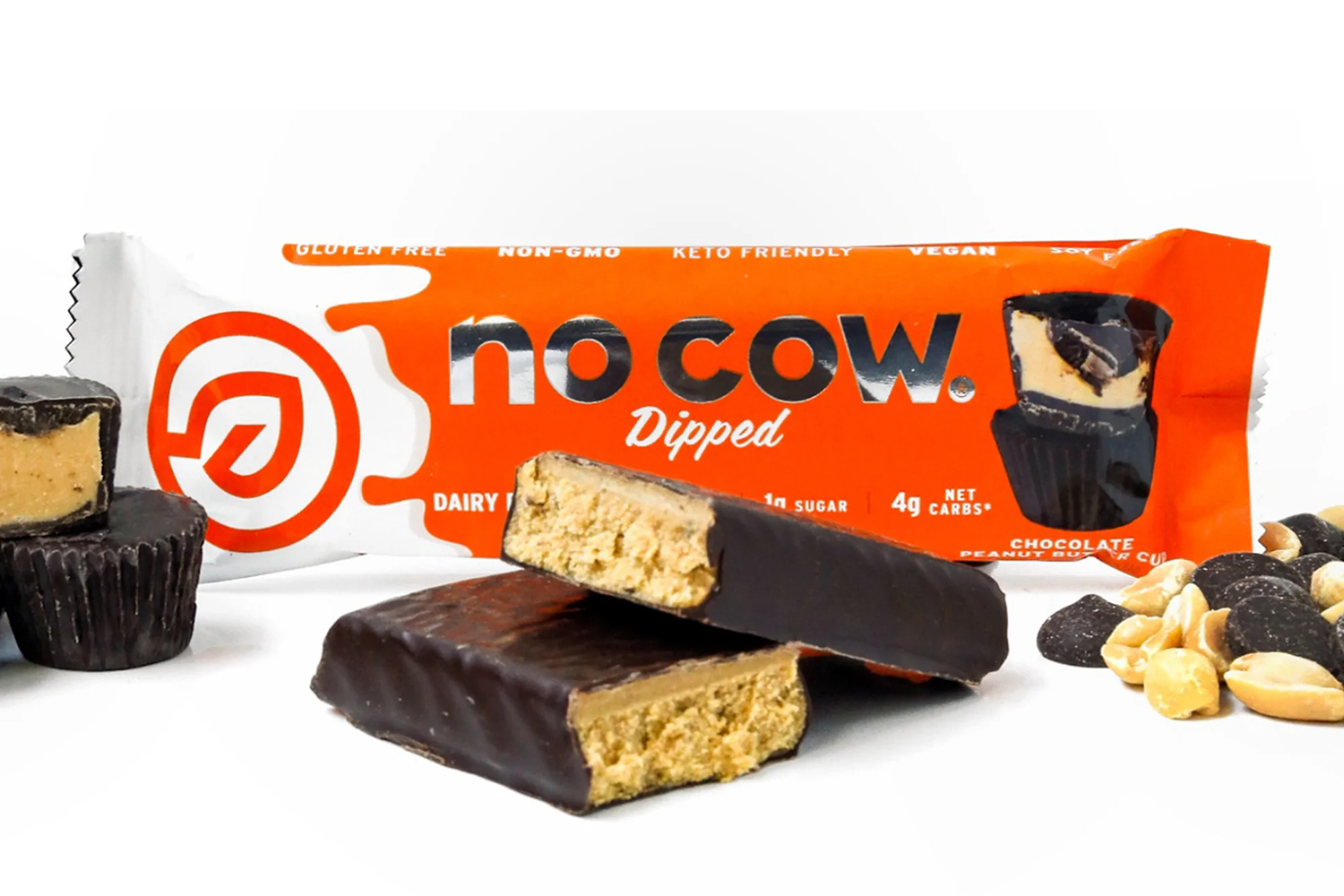 a peanut butter protein bar dipped in chocolate