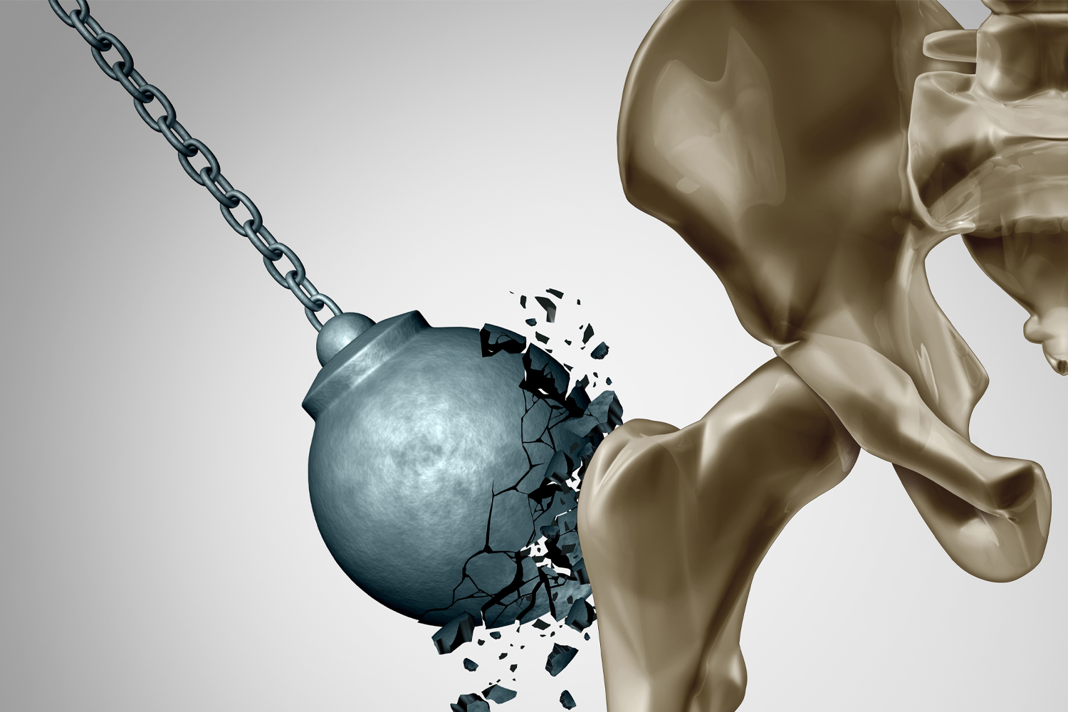 a wrecking ball shattering when it tries to break a hip