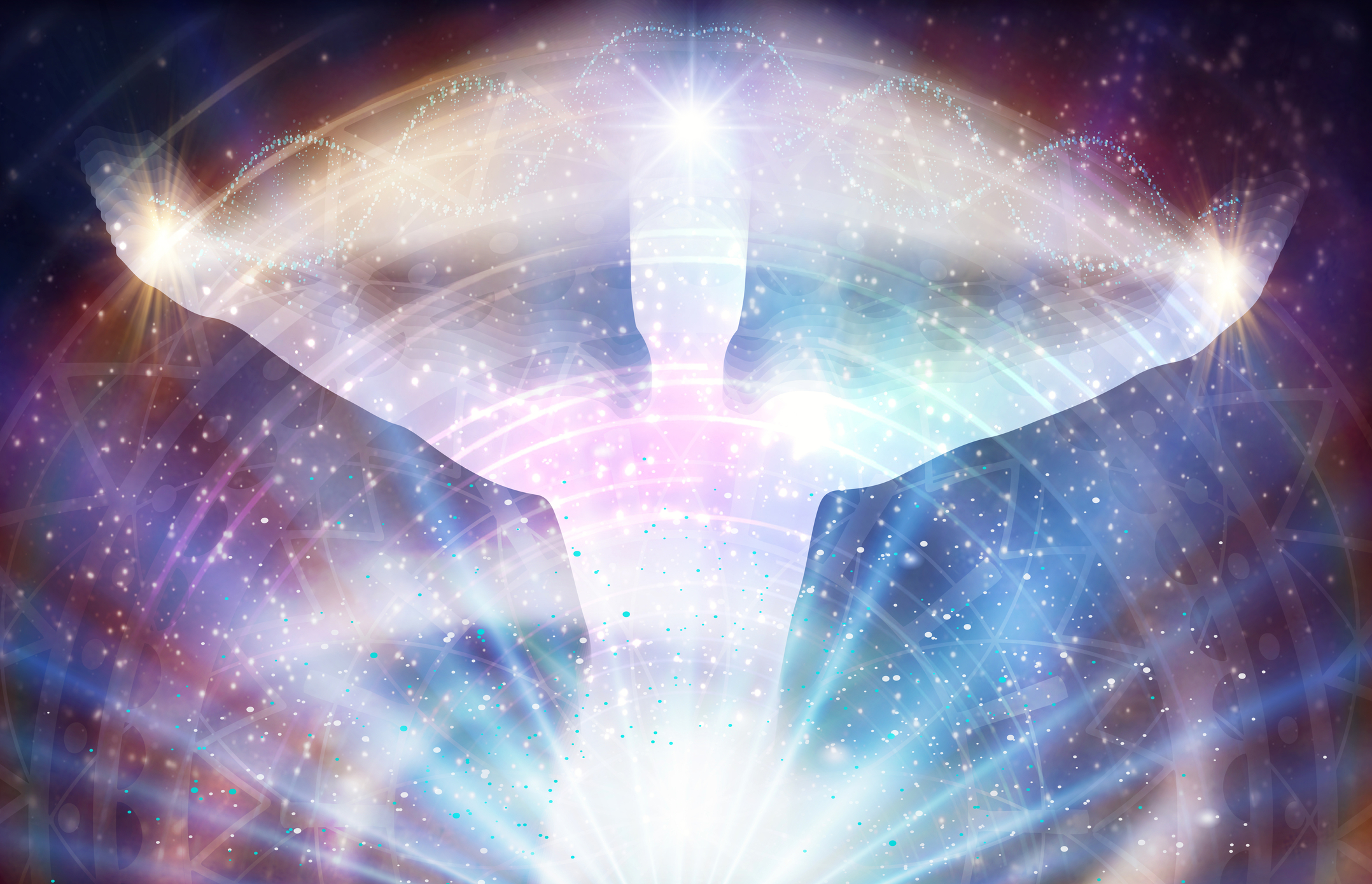 A white figure arms outspread with radiating lines of energy.