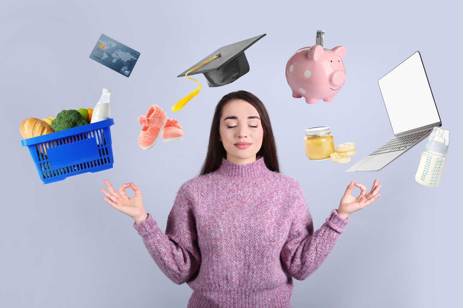 Calm happy woman and different objects around her on light grey background. Balance in life