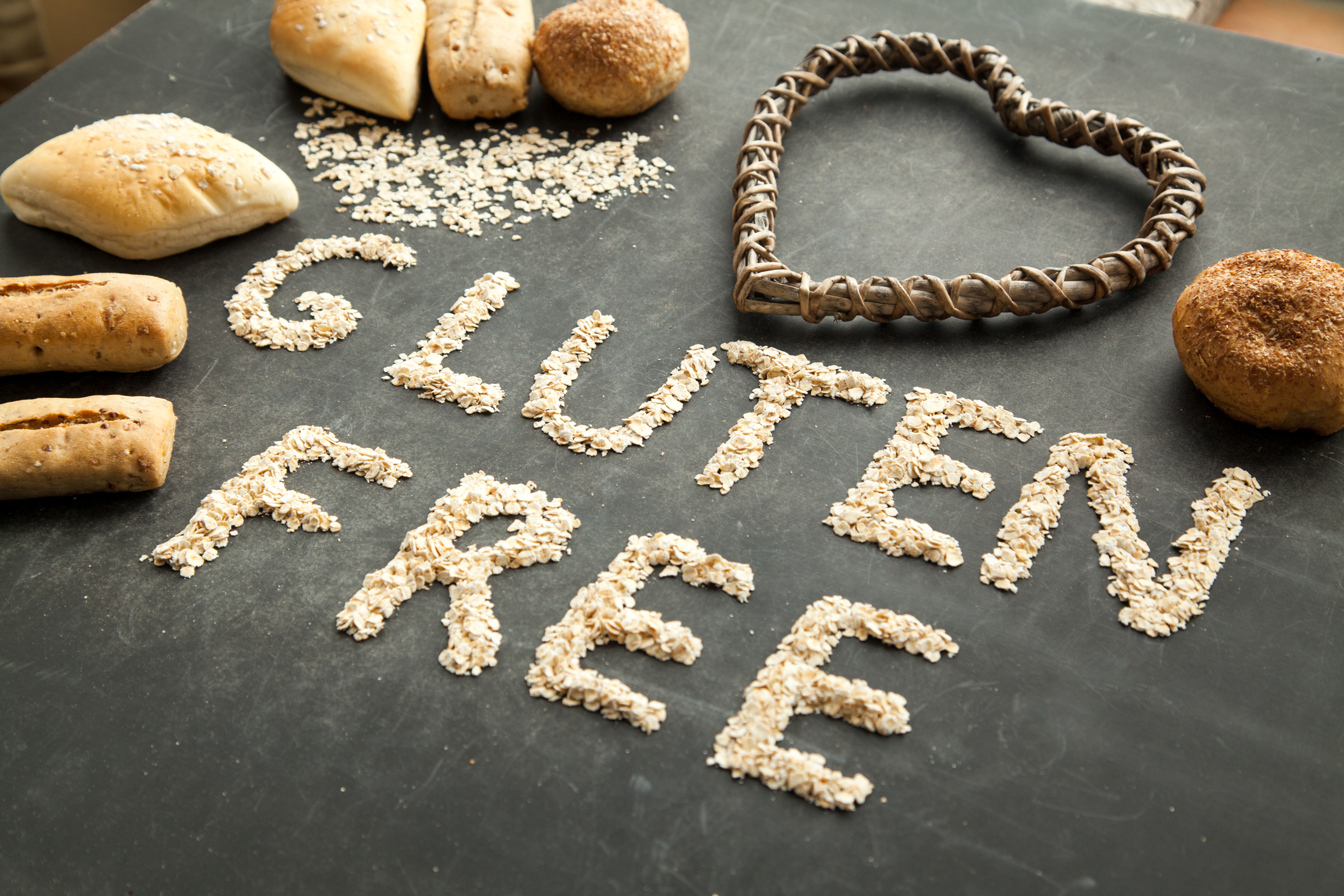 "Gluten Free" written out in grains surrounded by breads. 
