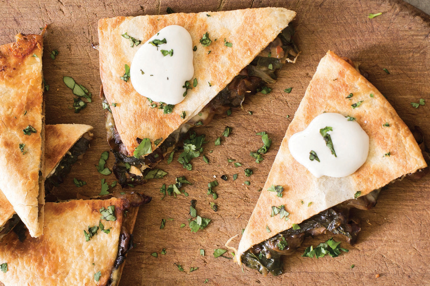 quesadillas stuffed with mushroom and swiss chard