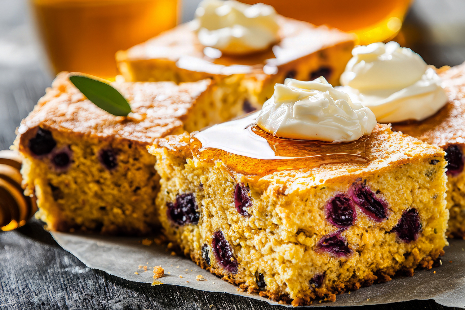 a plate of cornbread with cranberries and fresh whipped butter
