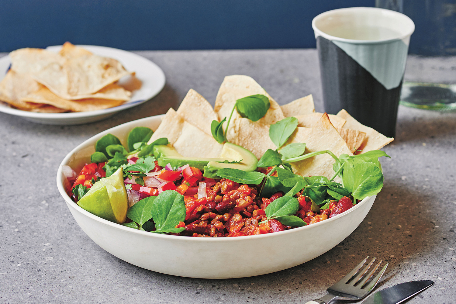 Prepared Mexi Chili Bowl in a white bowl on a gray table