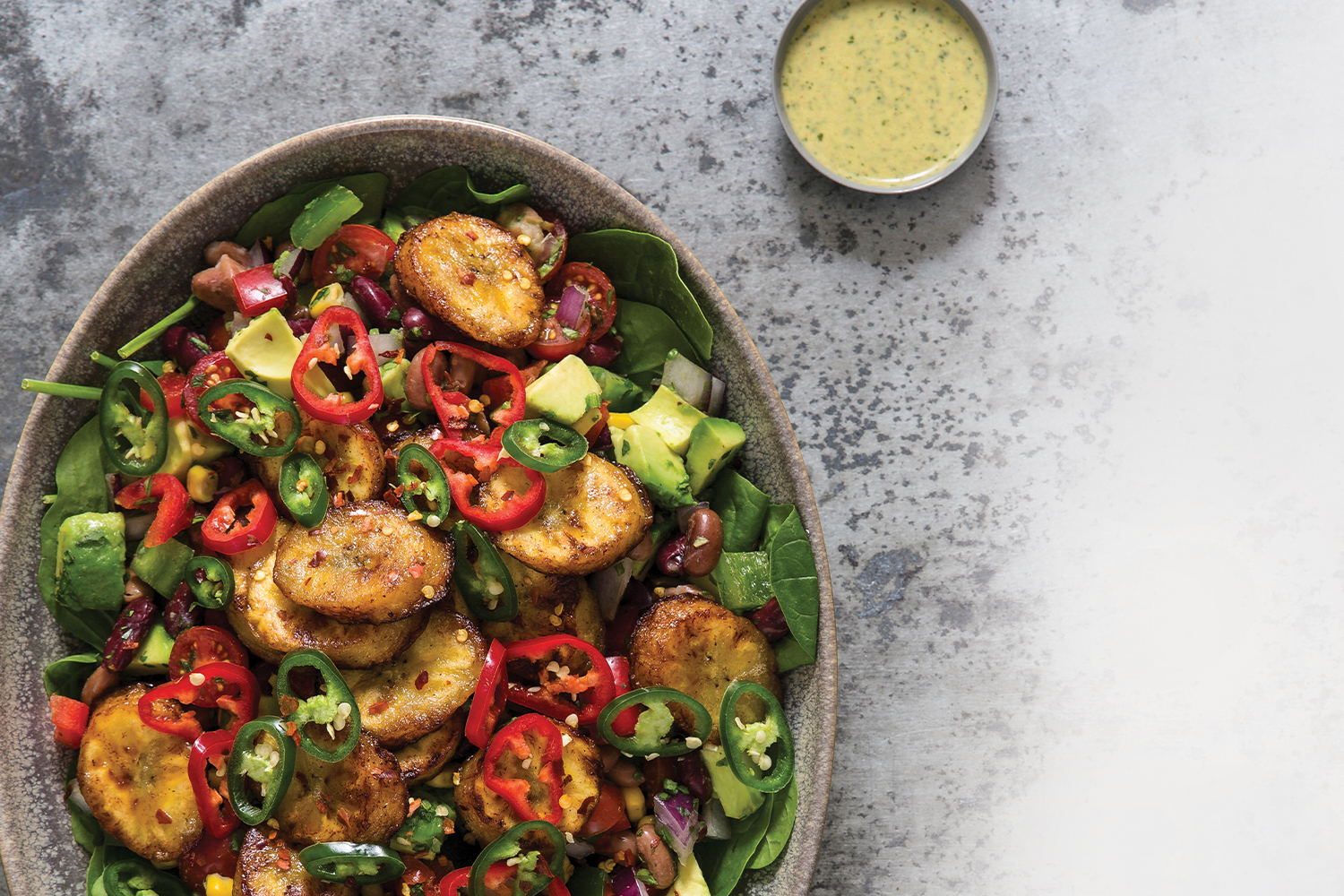 Top view of Fried Plantain, Spicy Beans & Yogurt Dressing in a grey stoneware serving dish.