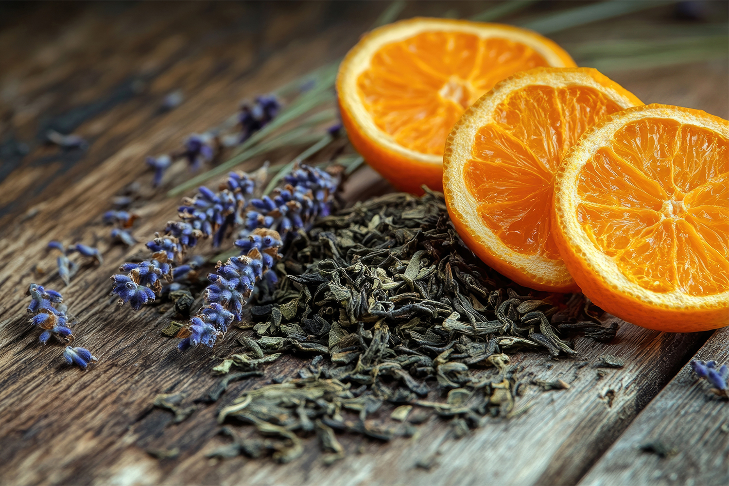 lavender, orange slices, and herbs