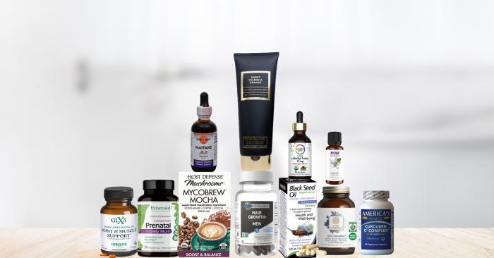 assortment of supplements and body care products
