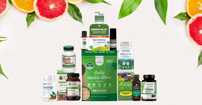 assortment of supplements and body care products