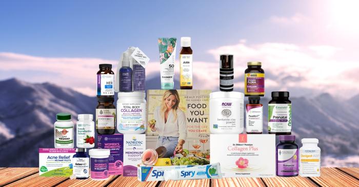 assortment of supplements and body care products