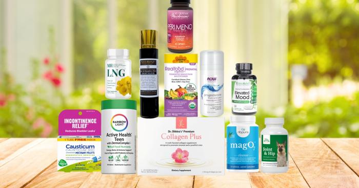 assortment of supplements and body care products