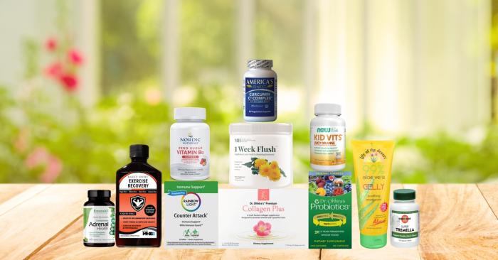 assortment of supplements and body care products