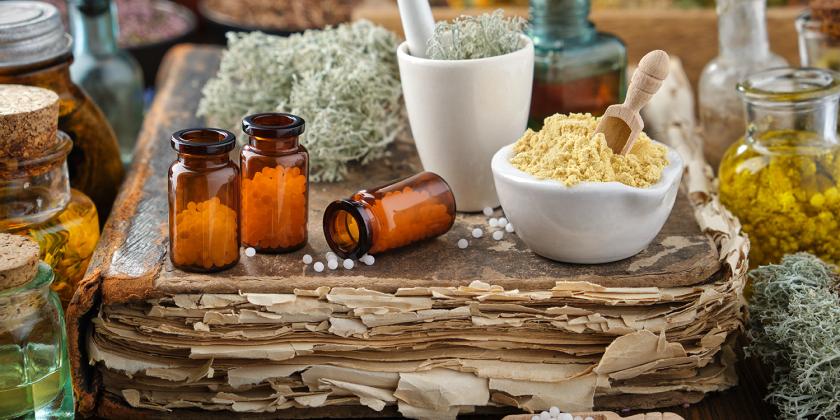 tools and bottles for homeopathic medicine