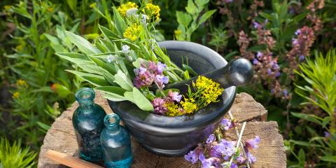 garden-fresh medicinal herbs in a mortar and pestle