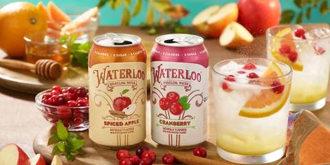 two cans of Waterloo sparking water, used in a mocktail