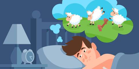 a man trying to fall asleep by counting sheep
