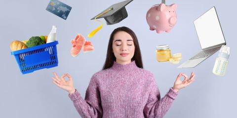 Calm happy woman and different objects around her on light grey background. Balance in life