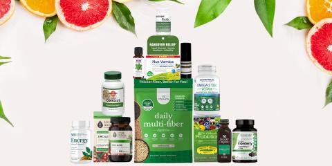 assortment of supplements and body care products