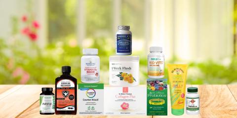 assortment of supplements and body care products