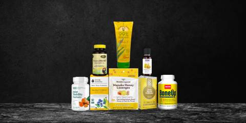 a selection of all-natural supplements, superfoods, and body care products