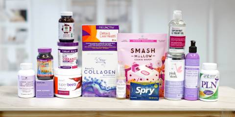 a collection of purple wellness products
