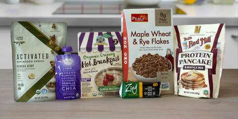 healthy cereals, pancake and waffle mix, a nutrition bar, and a smoothie