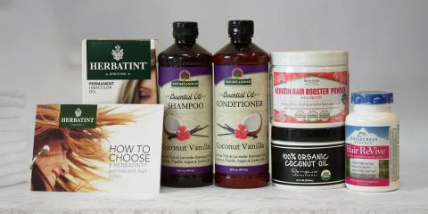 An assortment of all-natural hair care products
