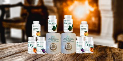 a selection of supplements from Michael's Health, and coffee mugs