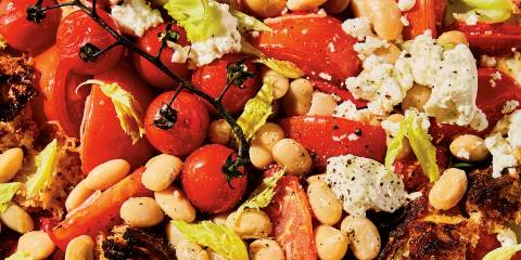 tomatoes, feta, and beans