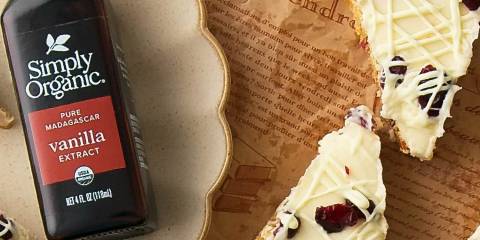 cranberry cookie bars and a bottle of vanilla extract