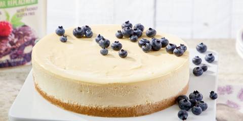 cheesecake on a graham crust with blueberries on top