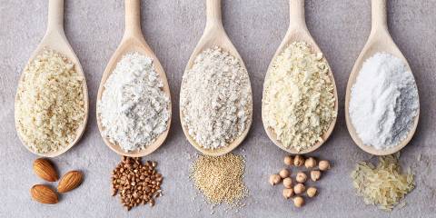 different kinds of gluten-free flour, such as almond, rice, and chickpea