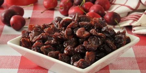 Square bowl of dried cherries