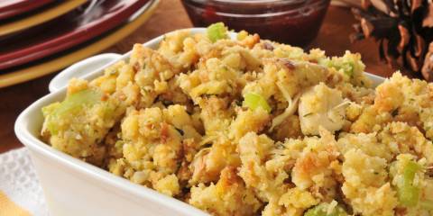a heaping dish of cornbread stuffing