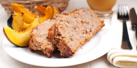 Healthy turkey meatloaf accompanied by a side of acorn squash.