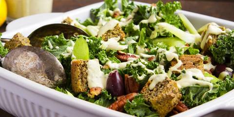 Kale Salad with Olives, Chia Croutons + Creamy Lemon-Rosemary Dressing