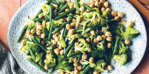 a plate of broccoli, green beans, and chickpeas