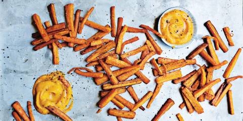 Carrot Fries and Fiery Butternut Squash Ketchup on a metal sheet pan.