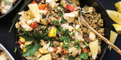 vegetables and spices in a pan