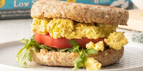 a stacked vegan breakfast sandwich