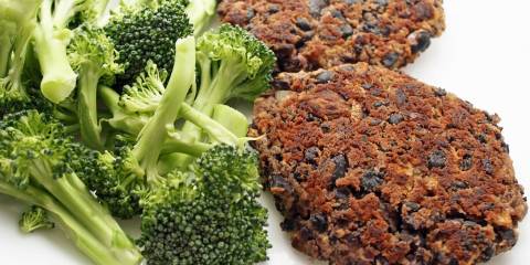 black bean patties with a side of broccoli