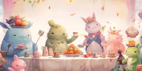 friendly monsters sharing a feast