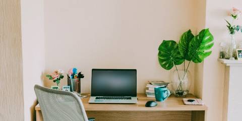 a small but comfortable home office off the living room