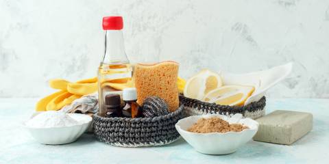 eco-friendly natural cleaning products on a kitchen table