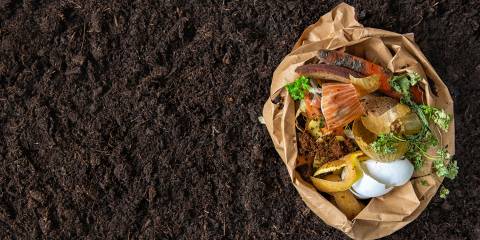 Top view of beautifully enriched soil with a bag of kitchen scraps to be composted.
