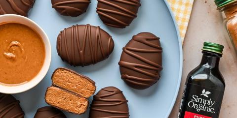 chocolate peanut butter on blue plate with vanilla extract bottle