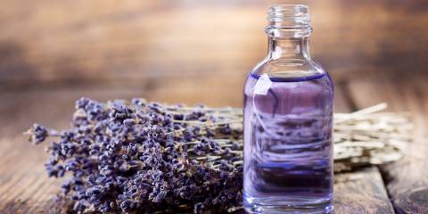 A bottle of calming lavender essential oil