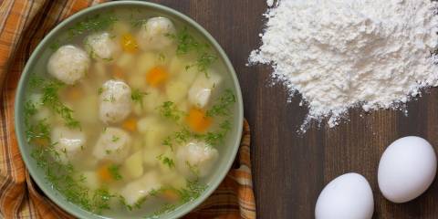 A bowl of chicken soup with home-made dumplings